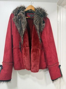 Regent Park Red Faux Shearling Jacket Fur Collar XL Boho Coat
